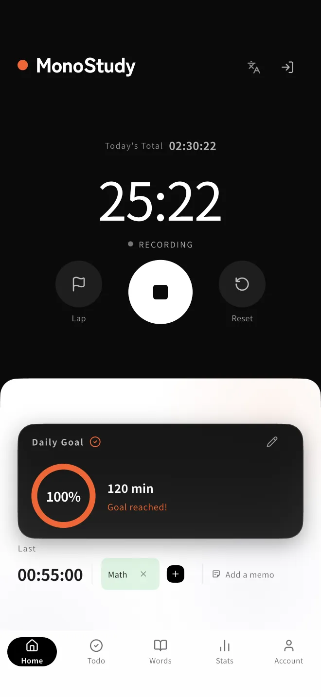 MonoStudy home screen showing the study timer and today's goal