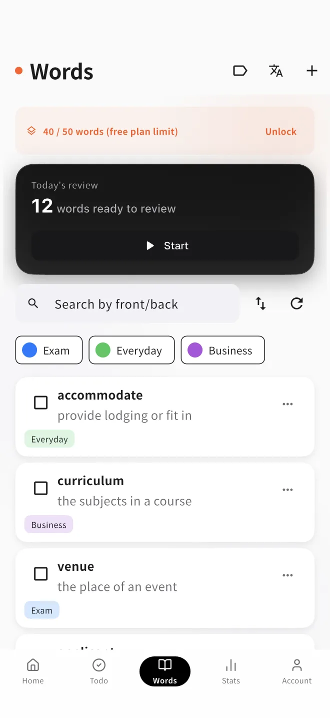 MonoStudy flashcards screen listing words to review along the forgetting curve